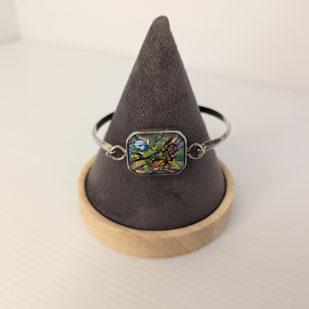 Vintage Mexico 925 Silver Bangle With Dichroic Glass Center Stone
